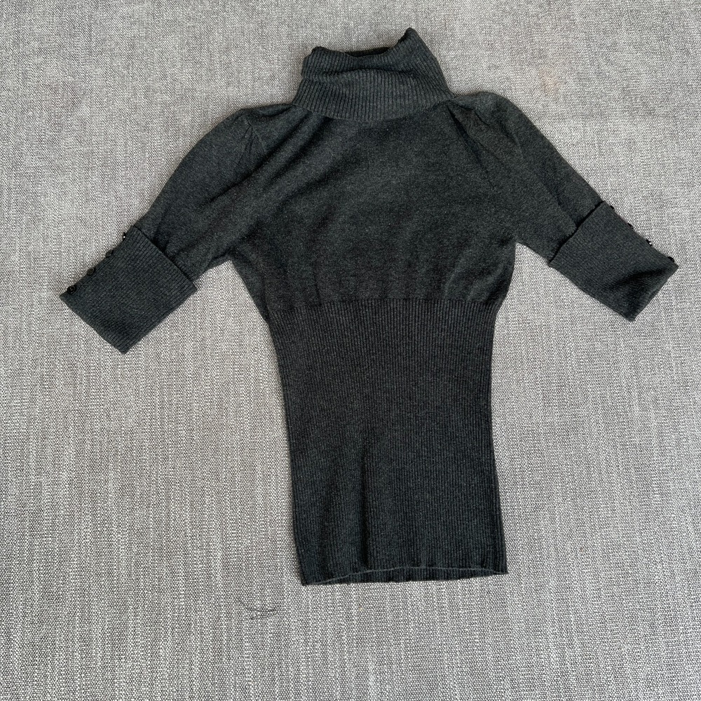 Ambiance Apparel Turtleneck Sweater Womens M Gray Ribbed Button Cuffed Sleeve
